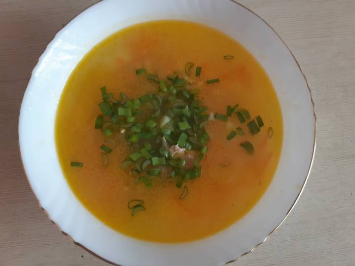 Картофельный суп с вермишелью и зеленым луком перед подачей