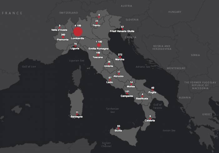 Число зараженных жителей Италии в регионе