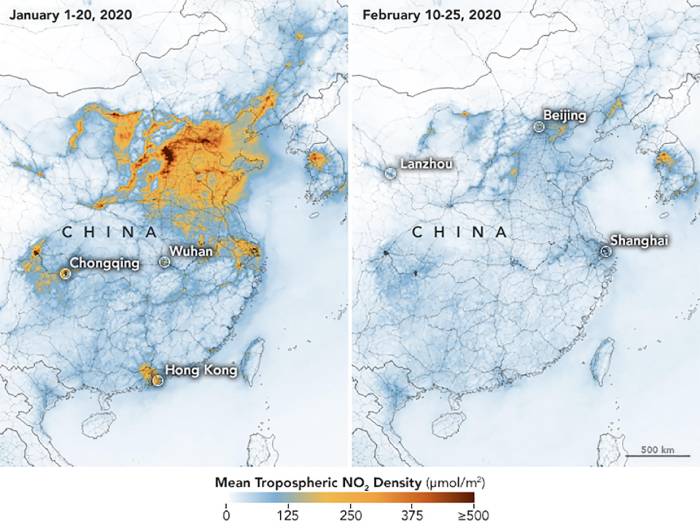 Выбросы углекислого газа над Китаем в январе и феврале 2020 года