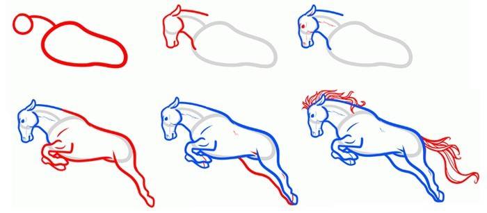 Схема рисования коня в прыжке