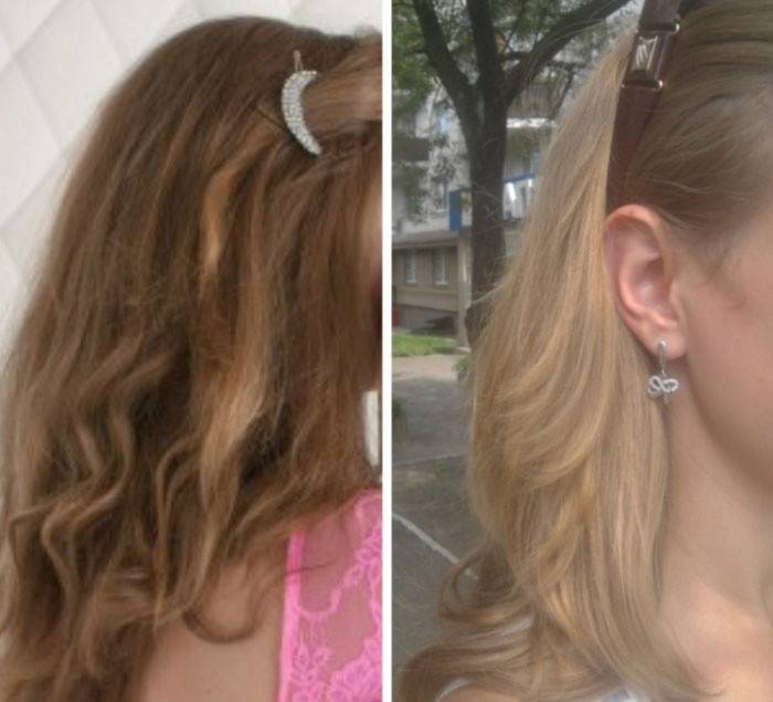 Волосы до и после обесцвечивания перекисью