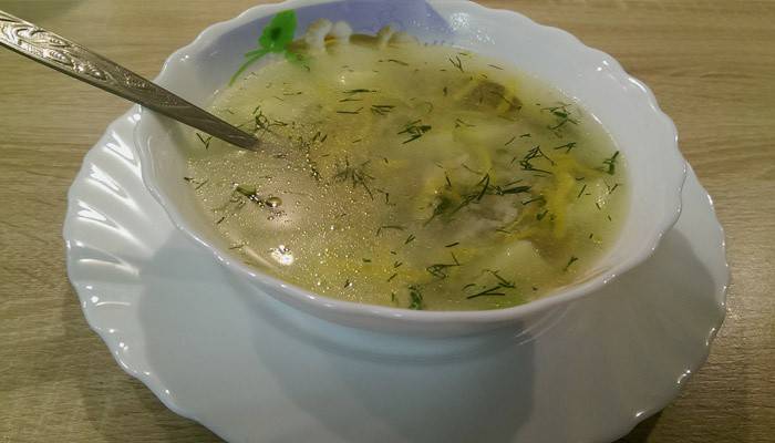 Тарелка грибного супа с вермишелью