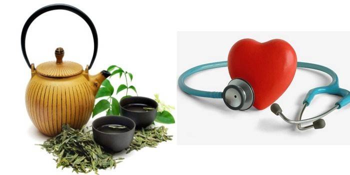 Чайник и чашки с зеленым чаем, резиновое сердце и стетоскоп