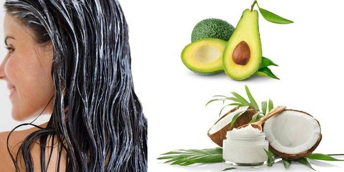 Маска на волосах у девушки, авокадо и кокосовое масло