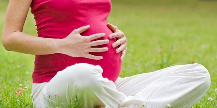 Беременная девушка сидит на траве
