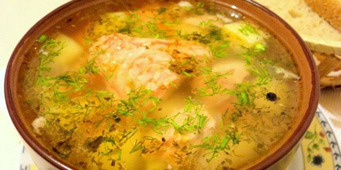 Рыбный суп из форели с пшеном в тарелке