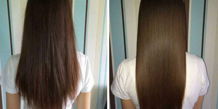 Волосы девушки до и после полировки