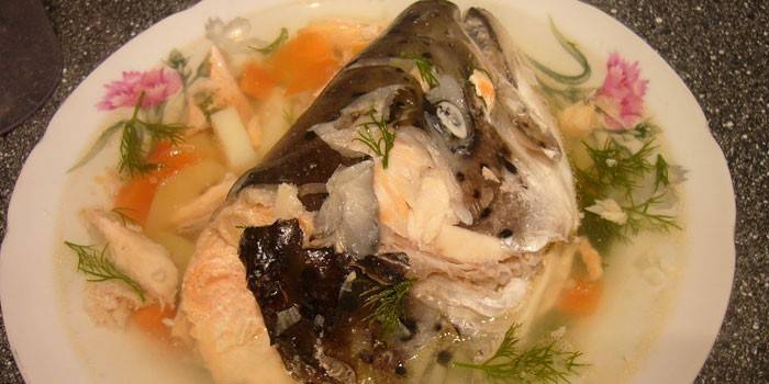 Рыбный суп из головы семги в тарелке