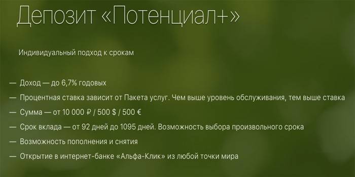 Условия депозита Потенциал+
