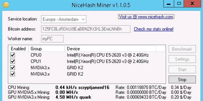 Запущенный майнинг для процессора NiceHash Miner