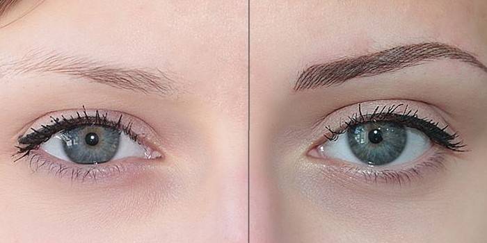 Глаза девушки до и после перманентного макияжа бровей