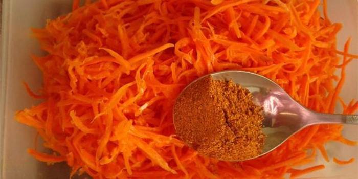 Натертая морковка и ложечка со специями