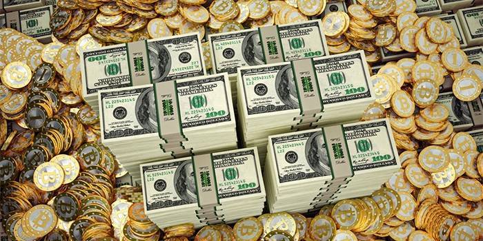 Монеты биткоин и пачки доллары